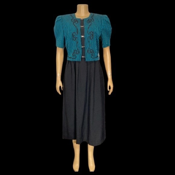 80s Miss Dorby DressTie Back Midi Black Green striped short sleeves size 10 - Picture 14 of 15